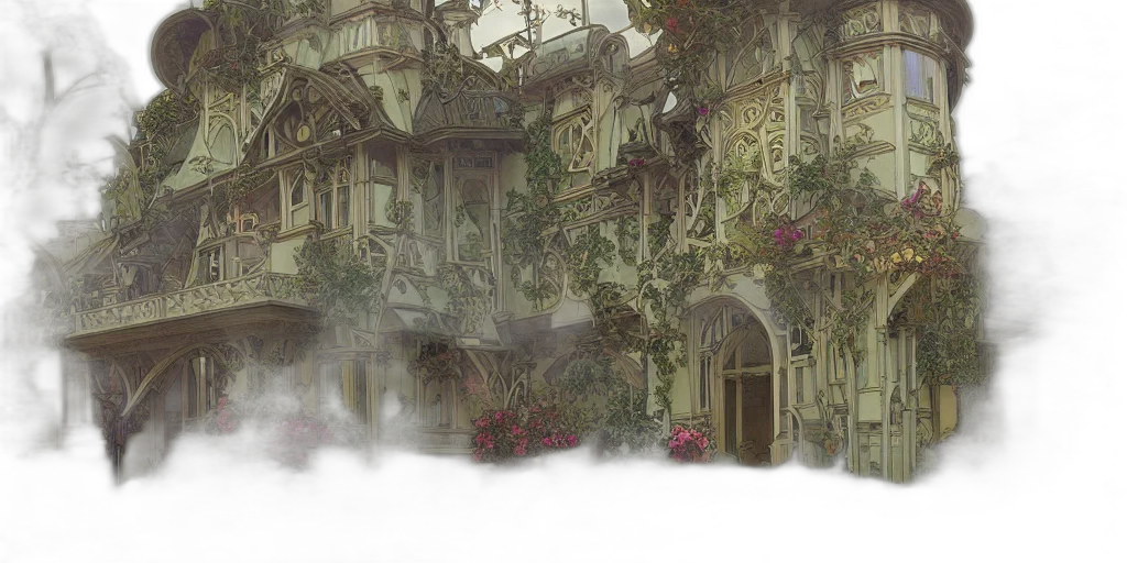 building, concept art, fantasy art, watercolor, photorealistic, fog, city street, rain transparent PNG cut-out
