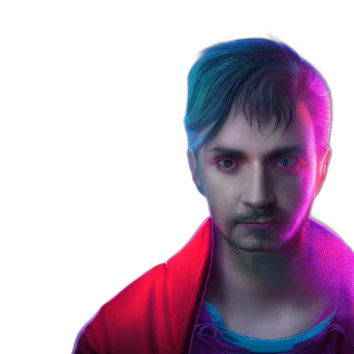 face, jacket, robot, mask, vaporwave, cyberpunk, concept art, 3d render transparent PNG cut-out