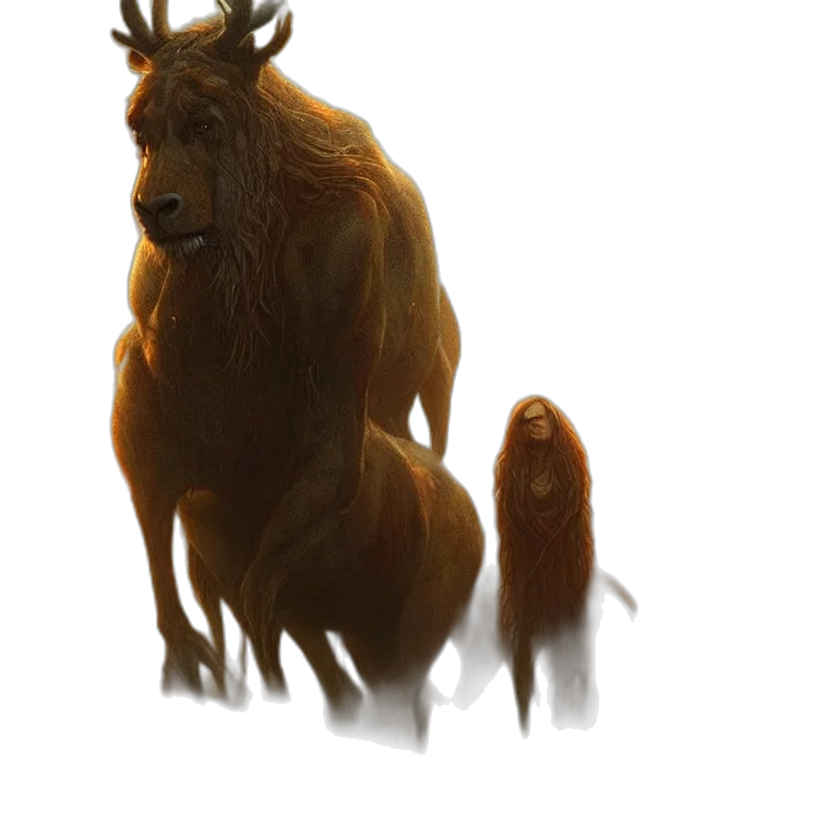 creature, animal, crown, staff, concept art, fantasy art, 3d render, watercolor transparent PNG cut-out
