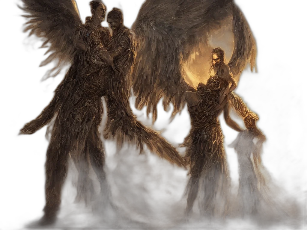 concept art, fantasy art, comic book art, 3d render, fog, fire, golden, angel transparent PNG cut-out
