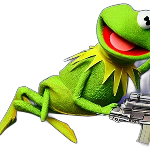 weapon, animal, 3d render, concept art, photorealistic, kermit, frog, holding transparent PNG cut-out