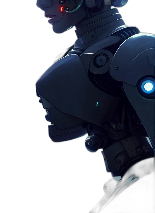 robot, weapon, face, cyberpunk, concept art, 3d render, anime, blue transparent PNG cut-out