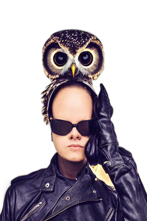 mask, jacket, animal, face, cyberpunk, photorealistic, front, owl transparent PNG cut-out