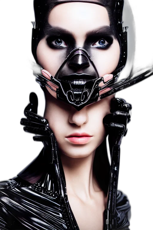 mask, robot, face, cyberpunk, photorealistic, 3d render, concept art, monochrome transparent PNG cut-out