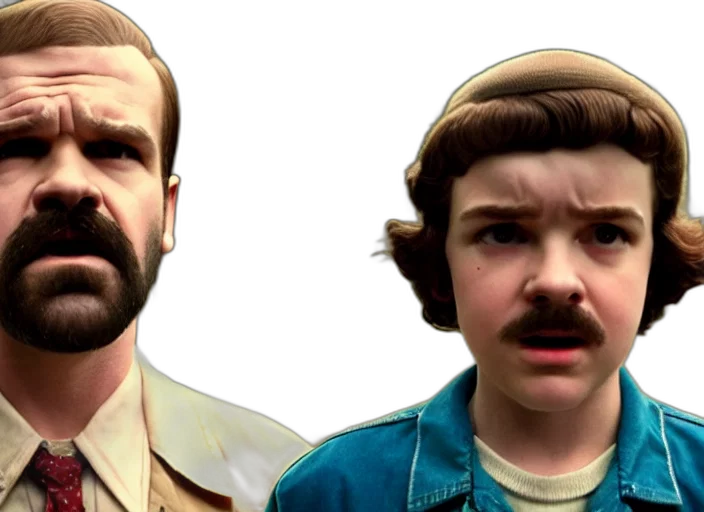 photorealistic, comic book art, film, still, jim, hopper, mike, wheeler transparent PNG cut-out