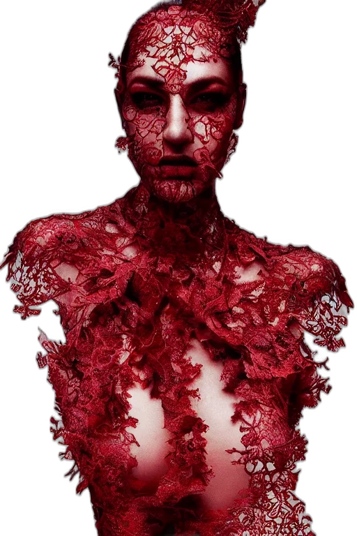 face, creature, mask, hair, photorealistic, concept art, red, dark transparent PNG cut-out
