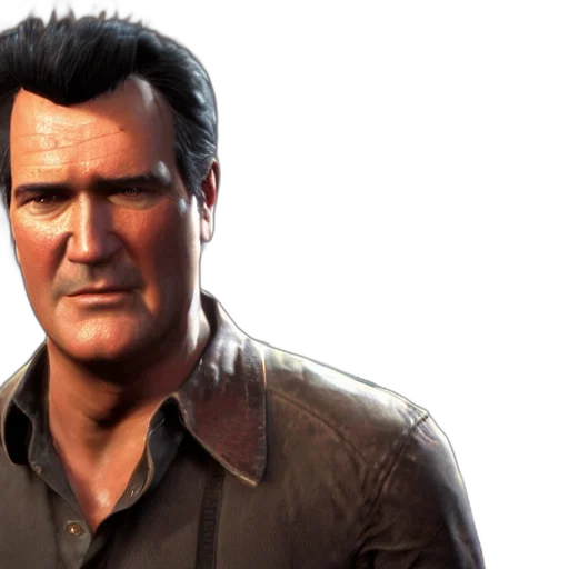 face, 3d render, concept art, photorealistic, screenshot, bruce, campbell, uncharted transparent PNG cut-out