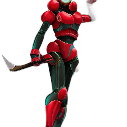 robot, weapon, staff, 3d render, concept art, comic book art, pixel art, red transparent PNG cut-out