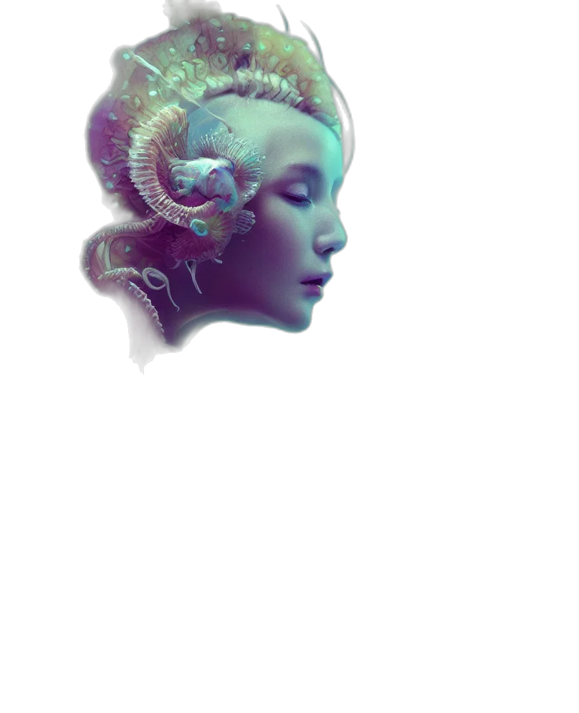 crown, mask, face, robot, fantasy art, vaporwave, 3d render, concept art transparent PNG cut-out