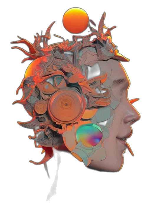 crown, face, mask, robot, 3d render, concept art, photorealistic, vaporwave transparent PNG cut-out