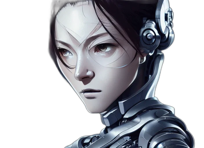 robot, face, cyberpunk, concept art, comic book art, 3d render, monochrome, blue transparent PNG cut-out