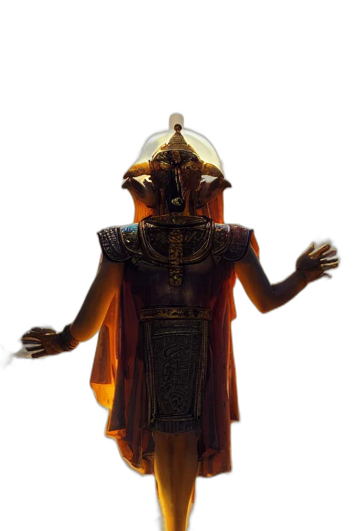 staff, mask, robot, dress, 3d render, concept art, fantasy art, golden transparent PNG cut-out