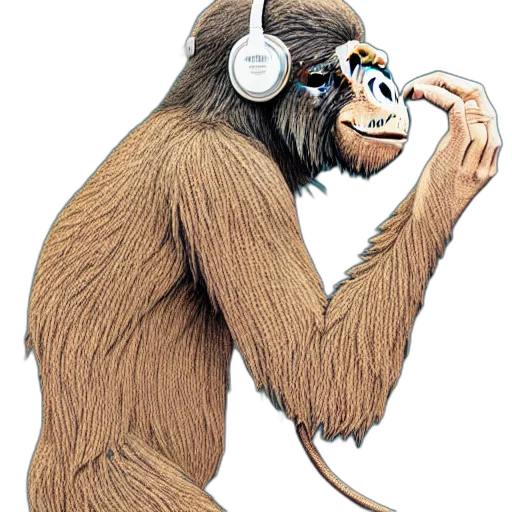 animal, concept art, cartoon, photorealistic, stoned, ape, headphones, knitted transparent PNG cut-out