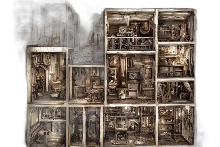 furniture, concept art, comic book art, fantasy art, photorealistic, city street, fire, dollhouse transparent PNG cut-out