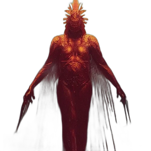 creature, dress, mask, hair, concept art, 3d render, fantasy art, red transparent PNG cut-out