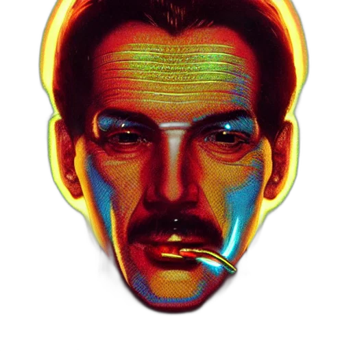 face, mask, robot, staff, comic book art, vaporwave, cyberpunk, photorealistic transparent PNG cut-out
