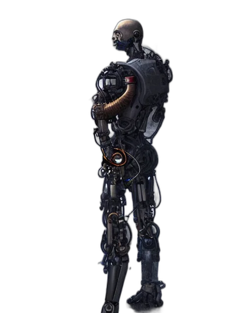 robot, staff, weapon, creature, concept art, cyberpunk, 3d render, outer space transparent PNG cut-out
