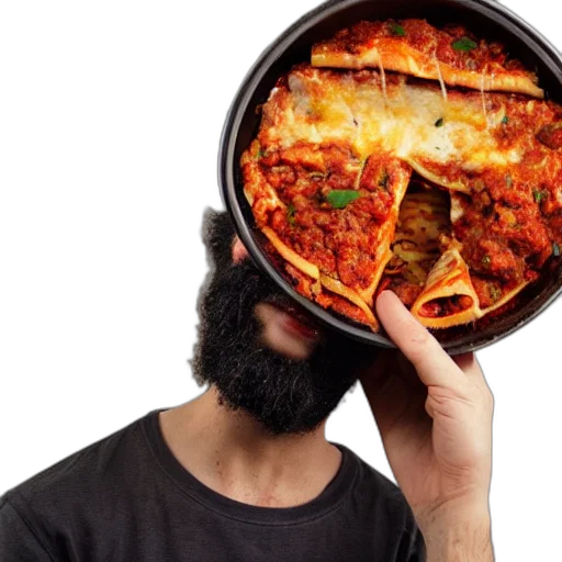 food, hat, mask, face, photorealistic, 3d render, man, lasagna transparent PNG cut-out