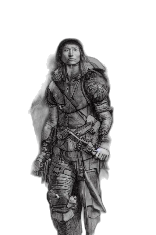 jacket, staff, sword, weapon, fantasy art, concept art, pencil sketch, photorealistic transparent PNG cut-out