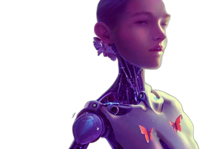 robot, cyberpunk, concept art, 3d render, vaporwave, neon lights, holding, bunch transparent PNG cut-out