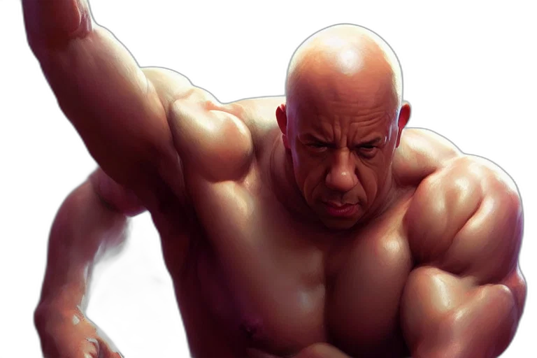 photorealistic, concept art, comic book art, 3d render, vin, diesel, morphing, into transparent PNG cut-out