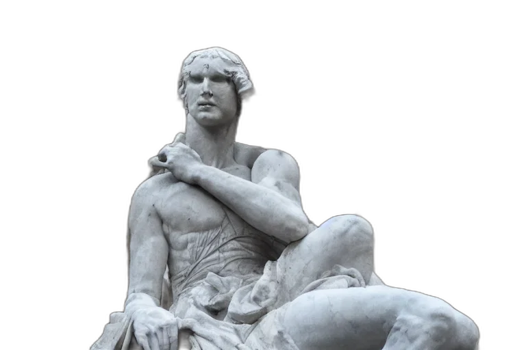 sword, face, photorealistic, 3d render, among, statue, middle, city transparent PNG cut-out