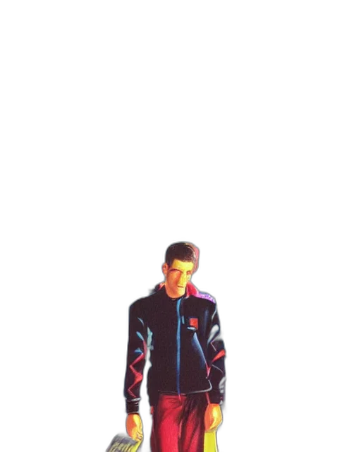 jacket, staff, robot, creature, 3d render, pixel art, vaporwave, photorealistic transparent PNG cut-out