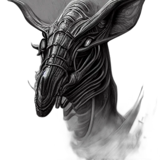 dragon, creature, mask, staff, concept art, fantasy art, photorealistic, pencil sketch transparent PNG cut-out
