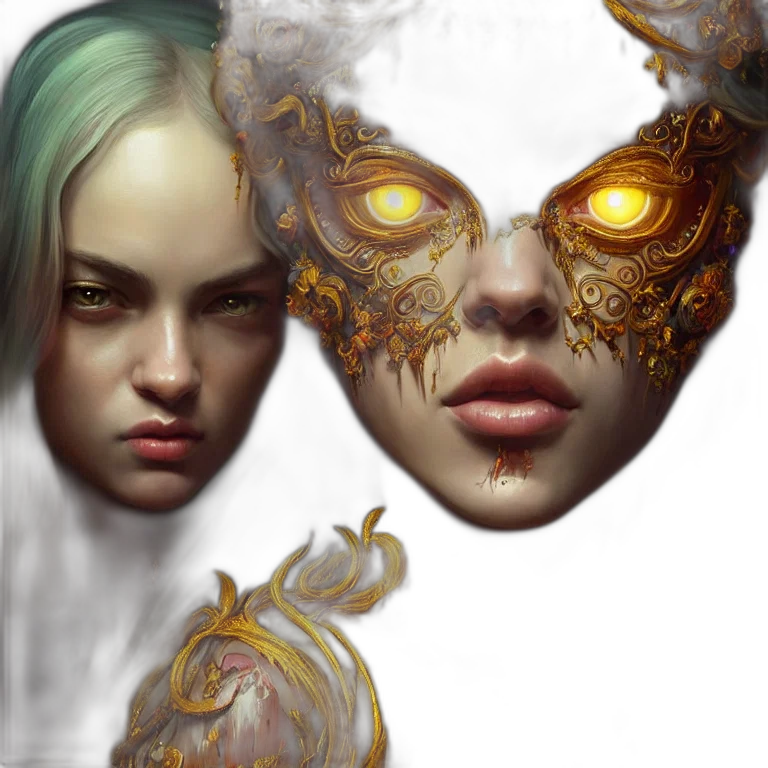 mask, face, fantasy art, concept art, cyberpunk, photorealistic, outer space, golden transparent PNG cut-out