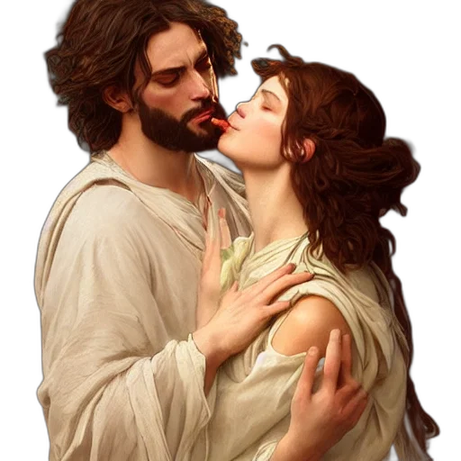 photorealistic, oil painting, concept art, fantasy art, forest, fire, jesus, kissing transparent PNG cut-out