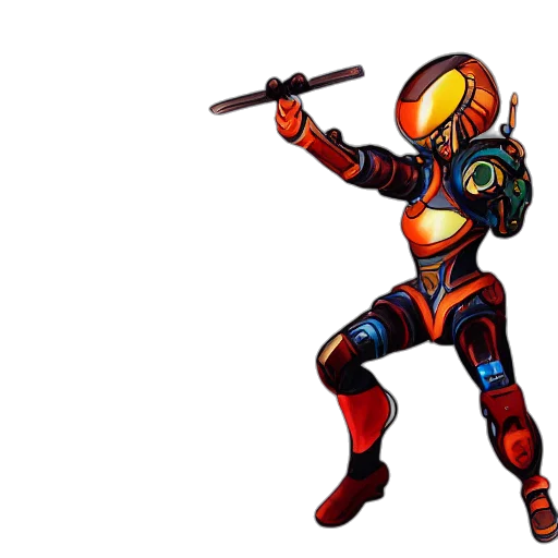 robot, jacket, staff, weapon, concept art, pixel art, comic book art, fantasy art transparent PNG cut-out