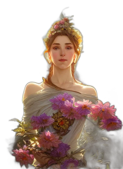 crown, dress, flower, face, fantasy art, concept art, photorealistic, oil painting transparent PNG cut-out