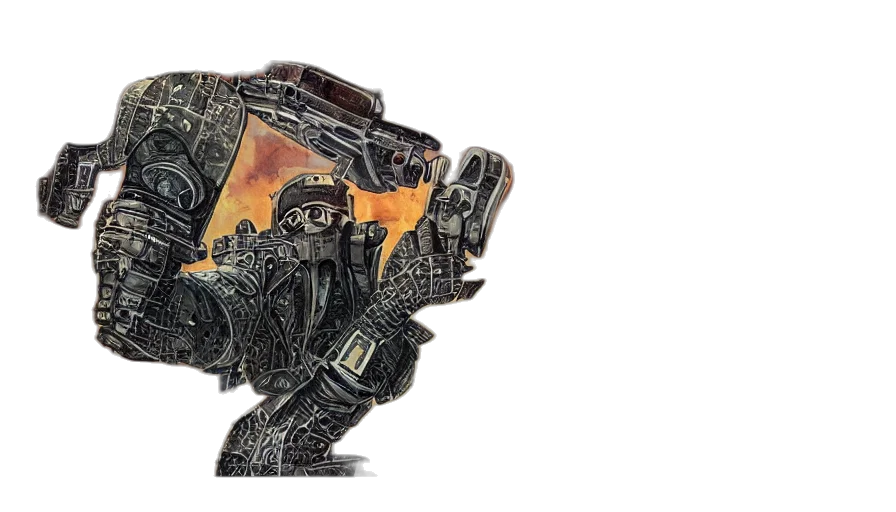 robot, weapon, concept art, pixel art, 3d render, fantasy art, outer space, album transparent PNG cut-out