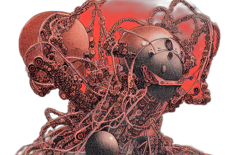 robot, hair, crown, creature, 3d render, comic book art, concept art, risograph transparent PNG cut-out