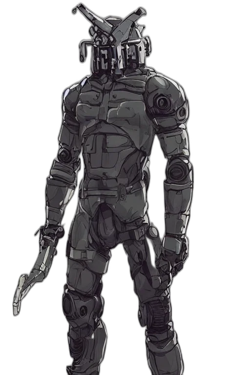 robot, weapon, staff, concept art, comic book art, cyberpunk, pixel art, monochrome transparent PNG cut-out