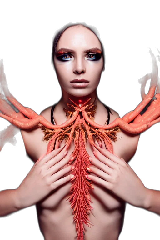 jewelry, hair, creature, red, beautifull, cyberpunk, woman, model transparent PNG cut-out