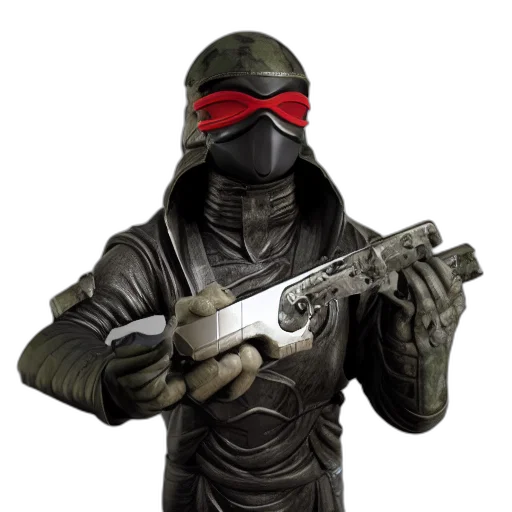 weapon, mask, staff, jacket, concept art, 3d render, comic book art, pixel art transparent PNG cut-out