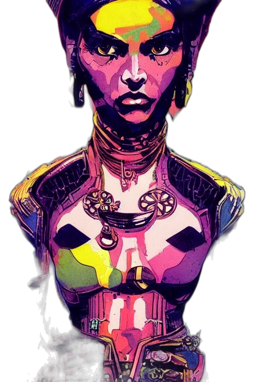 jewelry, robot, face, dress, cyberpunk, comic book art, concept art, fantasy art transparent PNG cut-out