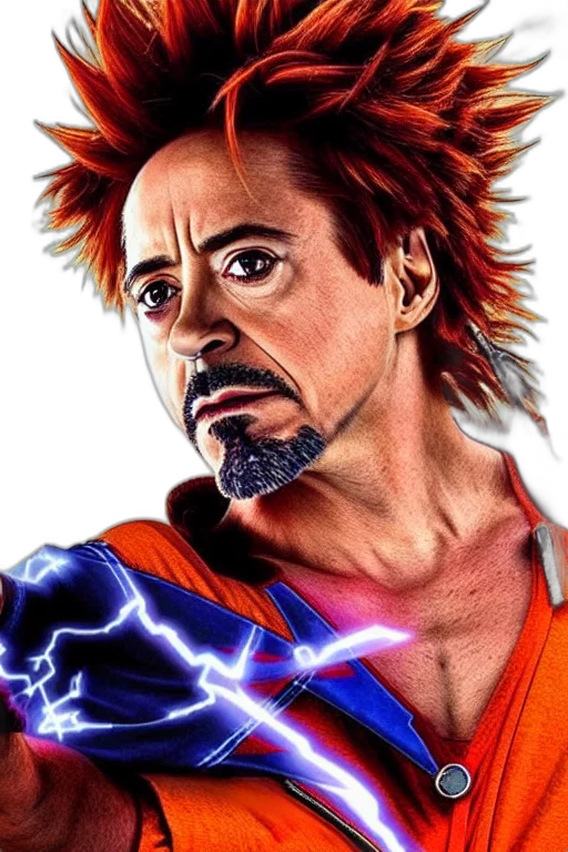 comic book art, cartoon, photorealistic, anime, robert, downey, goku transparent PNG cut-out