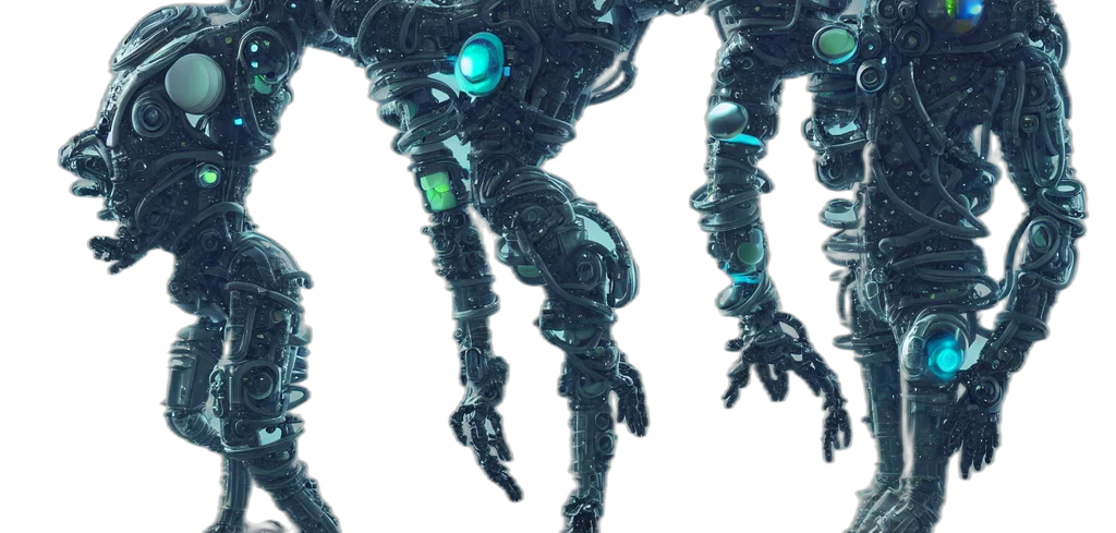 robot, creature, concept art, 3d render, cyberpunk, pixel art, blue, green transparent PNG cut-out