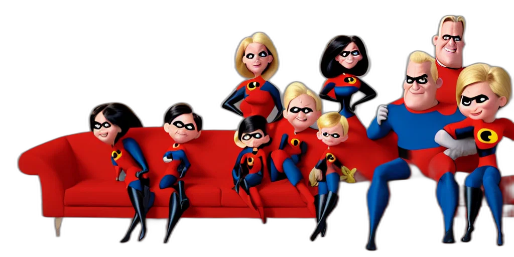 comic book art, concept art, cartoon, 3d render, incredibles, family, sitting, couch transparent PNG cut-out