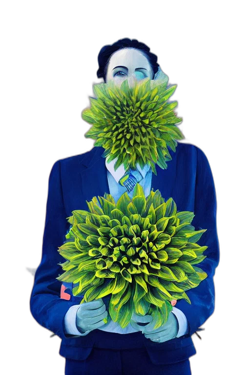 mask, staff, flower, jacket, 3d render, photorealistic, vaporwave, concept art transparent PNG cut-out
