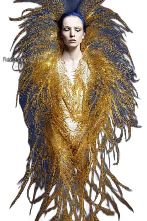 dress, hair, jewelry, creature, concept art, fantasy art, photorealistic, golden transparent PNG cut-out