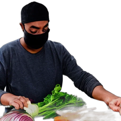 food, mask, hat, weapon, person, cutting, vegetables, while transparent PNG cut-out