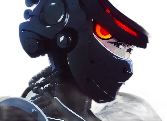 robot, mask, face, weapon, cyberpunk, concept art, 3d render, anime transparent PNG cut-out
