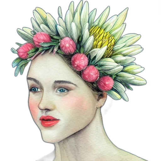crown, hat, face, flower, watercolor, photorealistic, oil painting, fantasy art transparent PNG cut-out