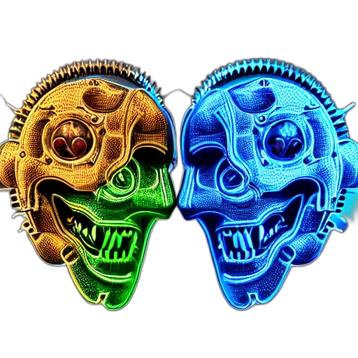 mask, jewelry, 3d render, concept art, neon, two, headed, tiger transparent PNG cut-out