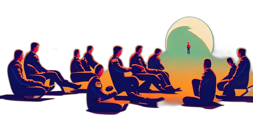 concept art, sunset, twelve, cosmonauts, sitting, river, big, holiday transparent PNG cut-out