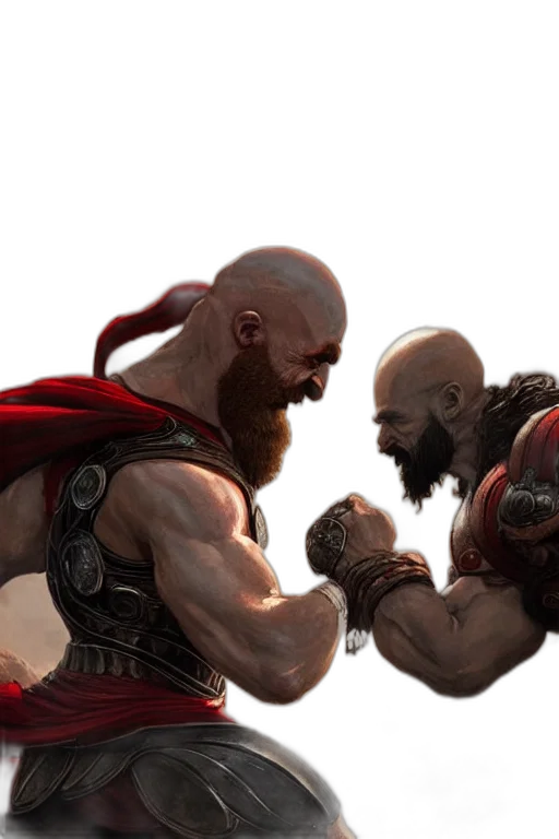 concept art, comic book art, fantasy art, photorealistic, kratos, fighting, thor, highly transparent PNG cut-out