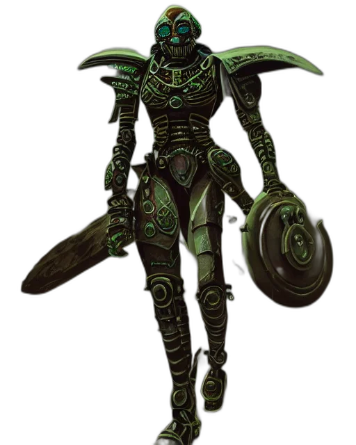 robot, staff, weapon, concept art, fantasy art, pixel art, 3d render, green transparent PNG cut-out